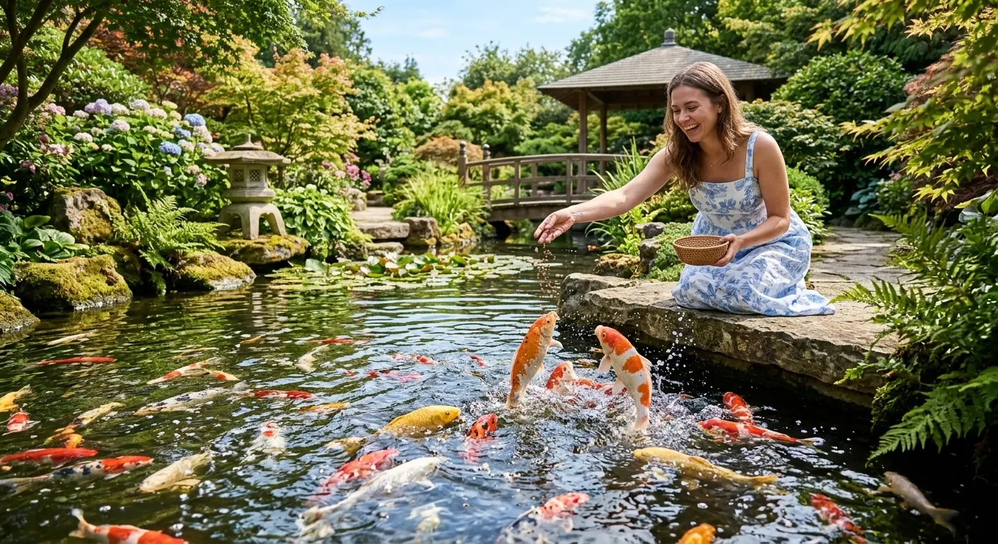 Woman feeding koi at the edge of a garden pond with a wooden bridge in the background