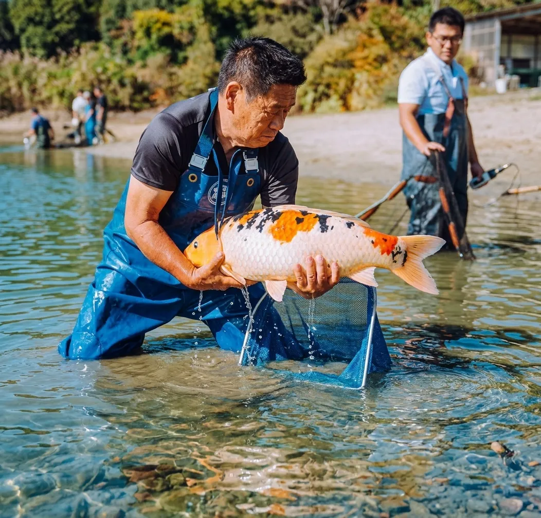 Koi breeder carefully lifting a large orange and white koi out of a pond net