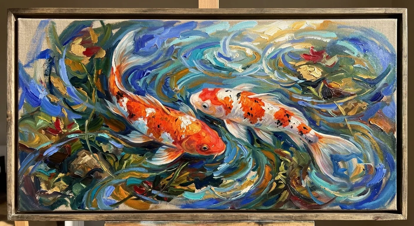 Expressive oil painting of two orange and white koi swimming among blue and green brushstrokes