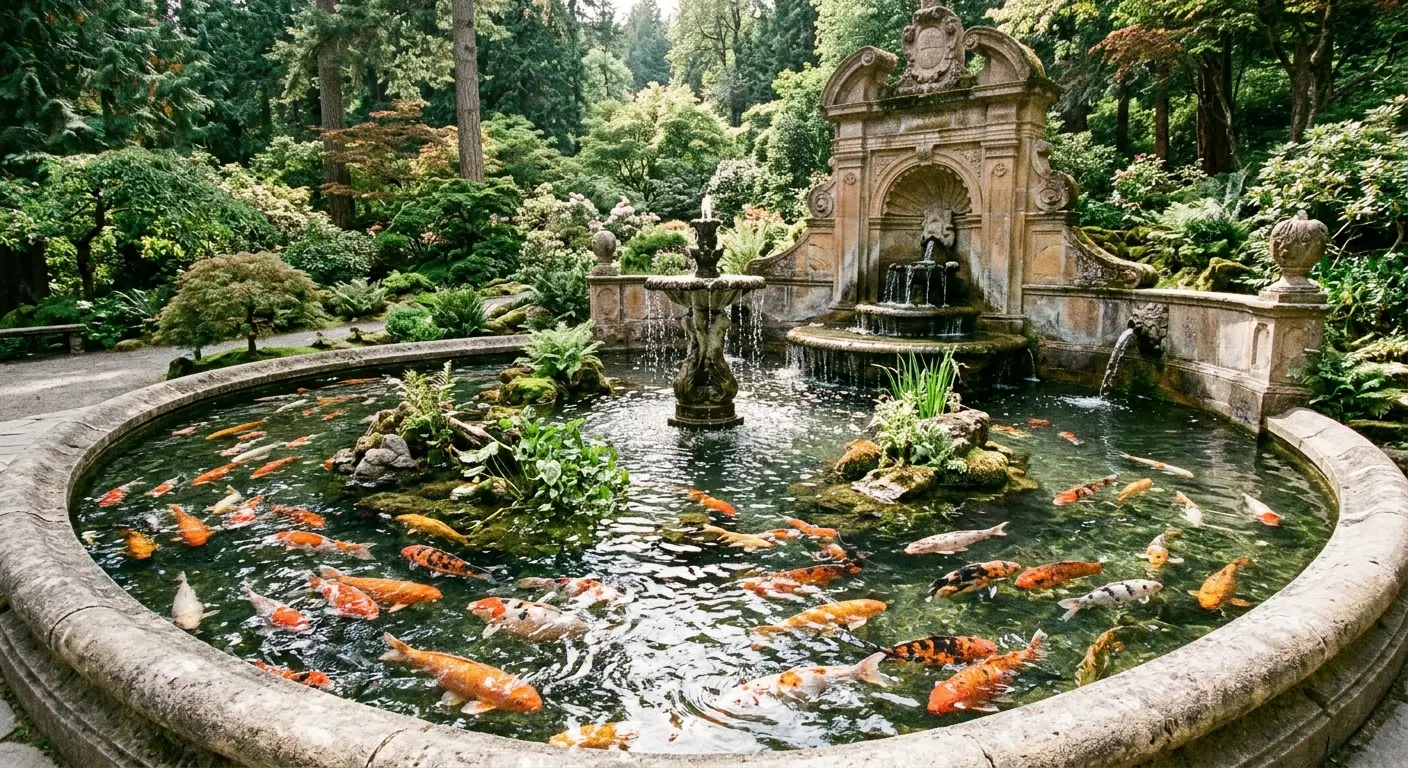 Large garden koi pond with a stone fountain surrounded by lush trees