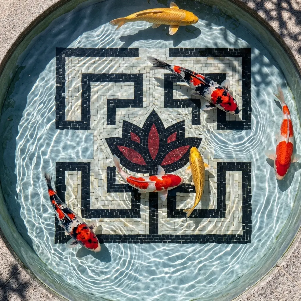 Round koi pool with a black and white lotus maze mosaic, with red, white and gold koi swimming over it