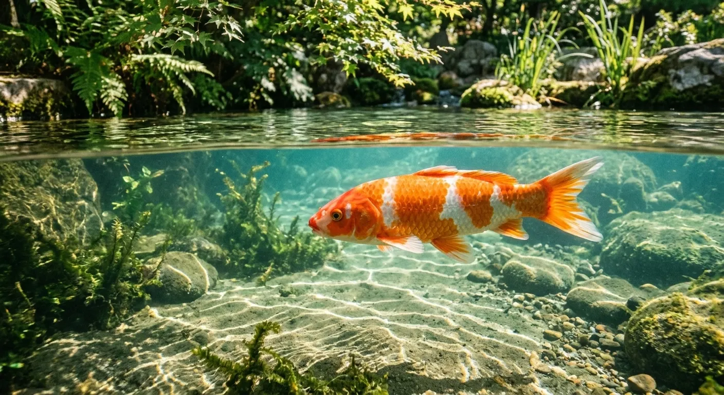 Single orange and white koi swimming through crystal clear pond water over rocks