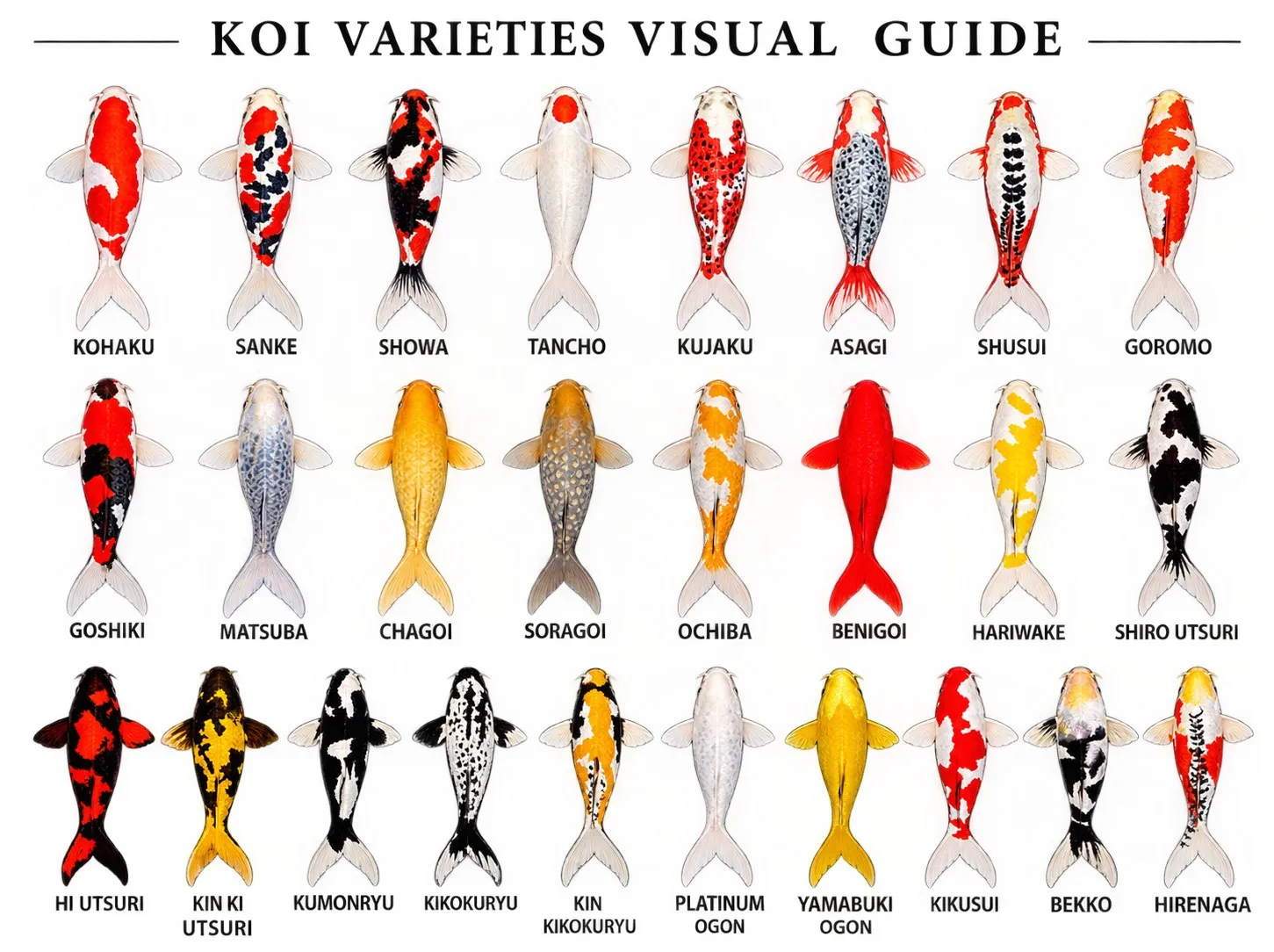 Koi varieties visual guide showing 26 koi from above, including Kohaku, Sanke, Showa, Tancho, Asagi, Chagoi, Ogon and Utsuri