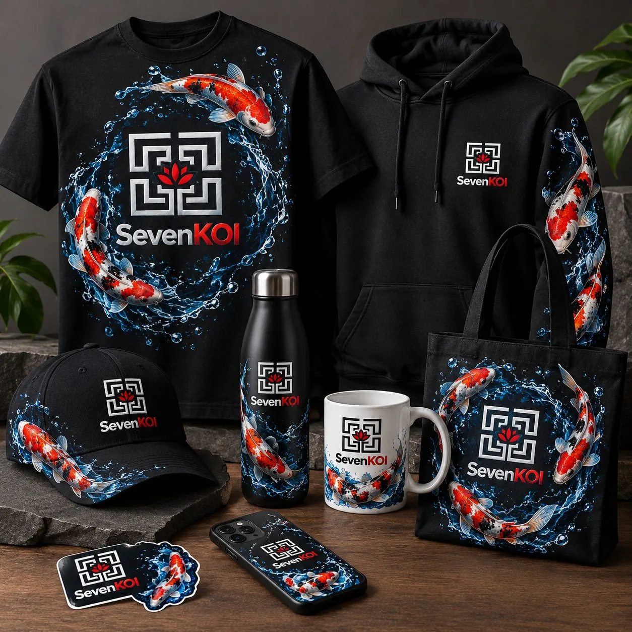 SevenKOI branded black t-shirt, hoodie, cap, water bottle, mug, tote bag, phone case and sticker with koi artwork
